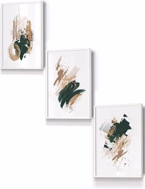 ARTZE Abstract Green, Beige and Gold Oil Strokes Framed Wall Art in White, W: 33 cm, H: 45 cm, D: 0.2 cm