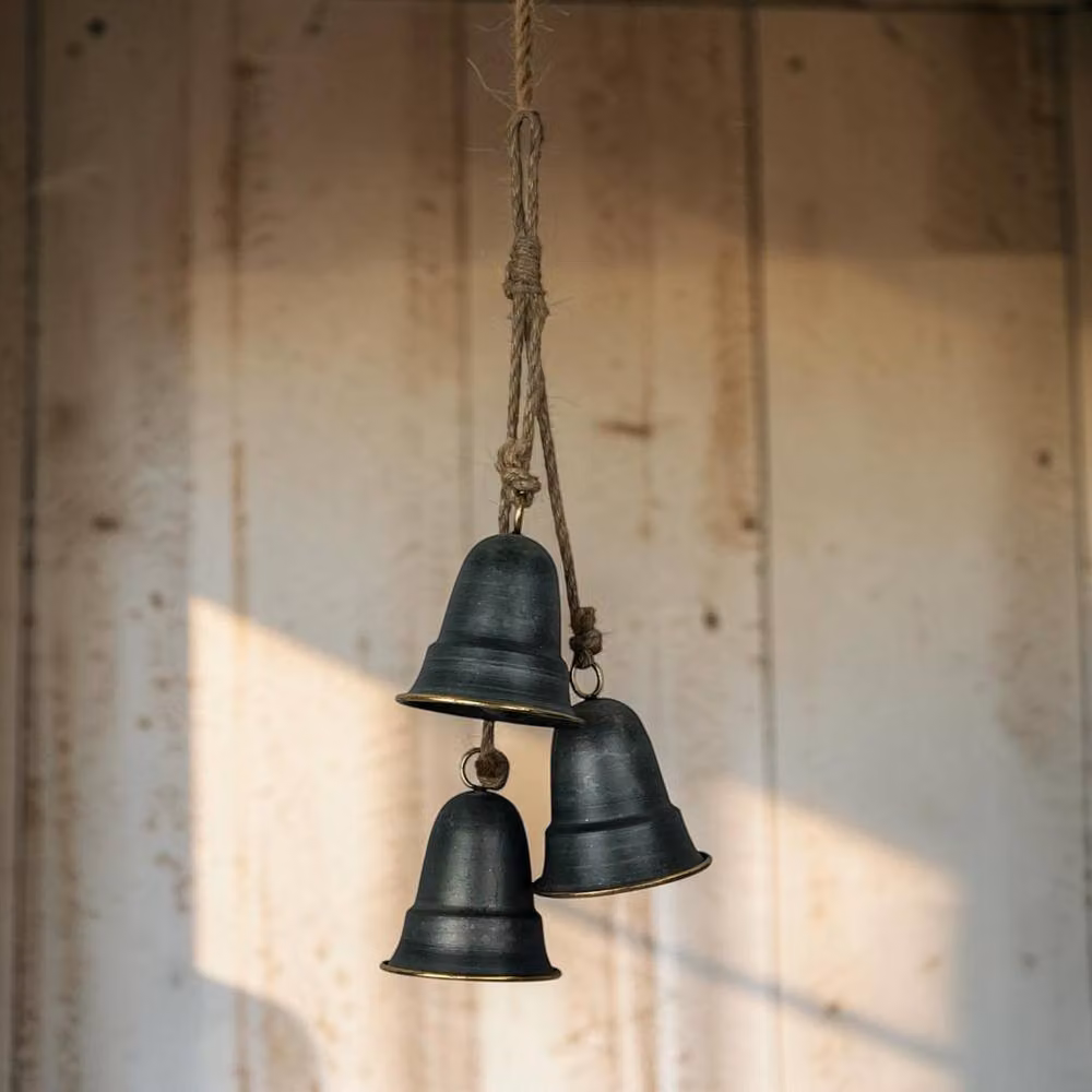 Four Candle Rustic Metal Hanging Christmas Bells in Grey and Gold, Height: 55 cm – 2