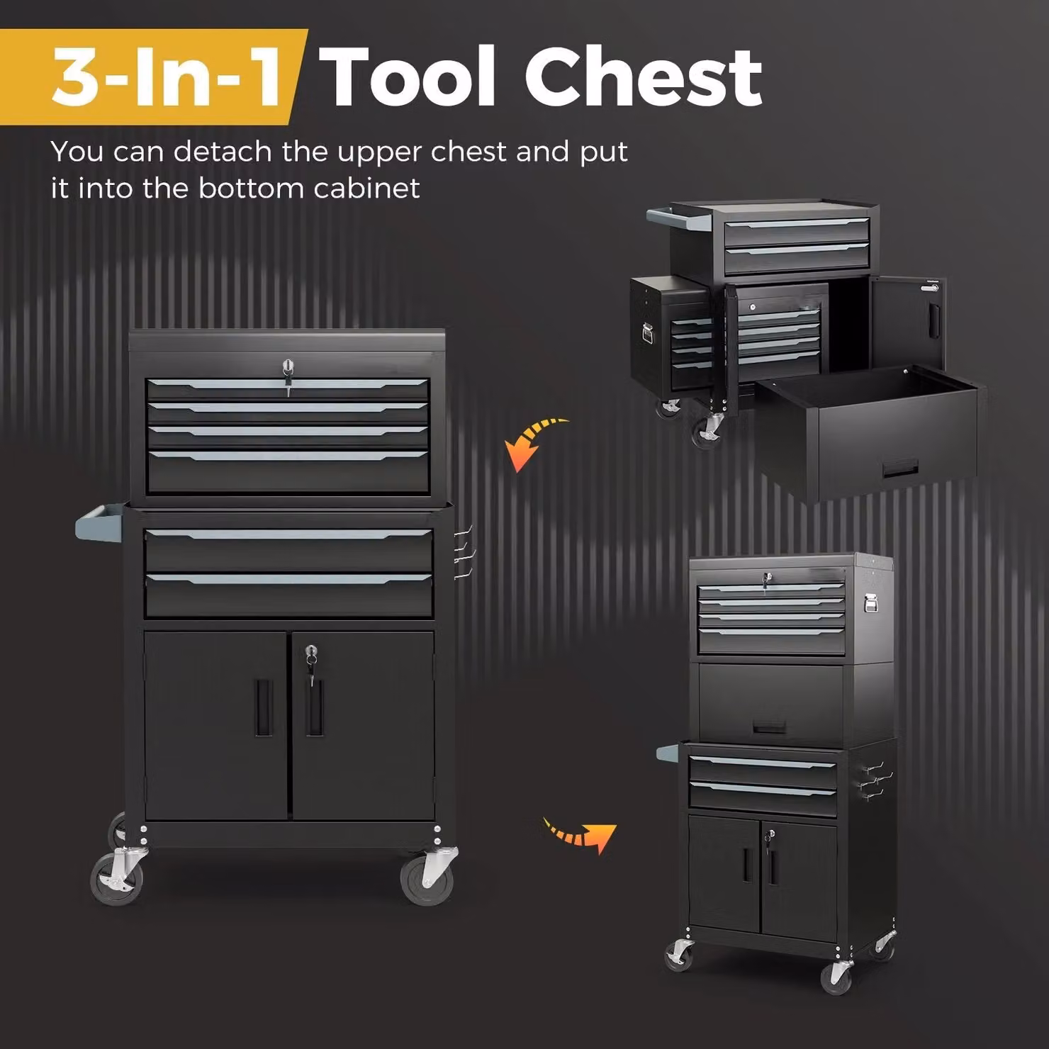 Gymax 6-Drawer Rolling Tool Chest 3-in-1 Metal Tool Storage Cabinet with Wheels, Black – 6