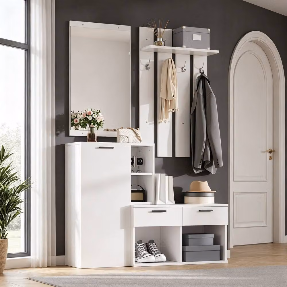 Matteo Minimalist White Hallway Furniture Set with Mirror, Shoe Cabinet and Bench – 2