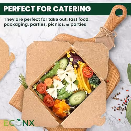 ECONX Brown Kraft Cardboard Takeaway Food Boxes, 1400ml Leakproof and Microwave Safe Biodegradable Deli Containers – 3