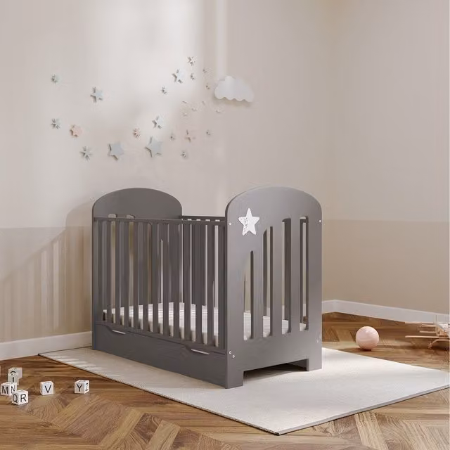Viculii Bonnie Cot in Grey with Drawer, Drop Side and Foam Mattress, W/D/H: 120 x 60 x 60 cm