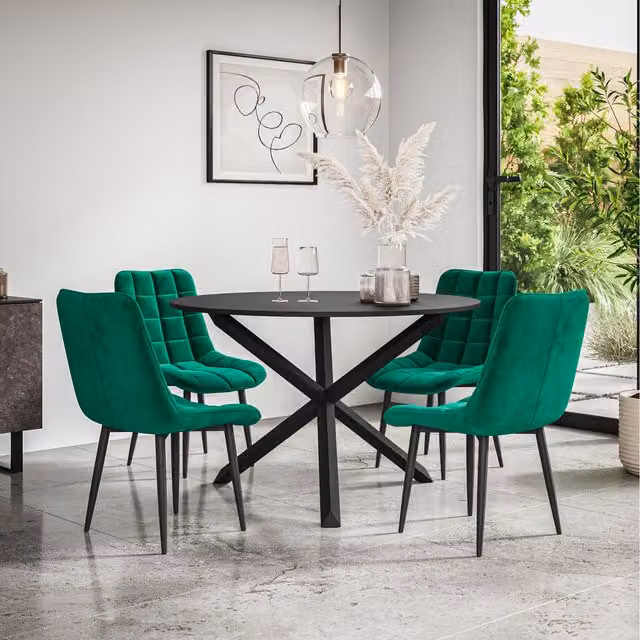 More4Homes Malvern Round Black Dining Table with 4 Green Nova Velvet Chairs, Diameter: 120 cm, Height: 75 cm
