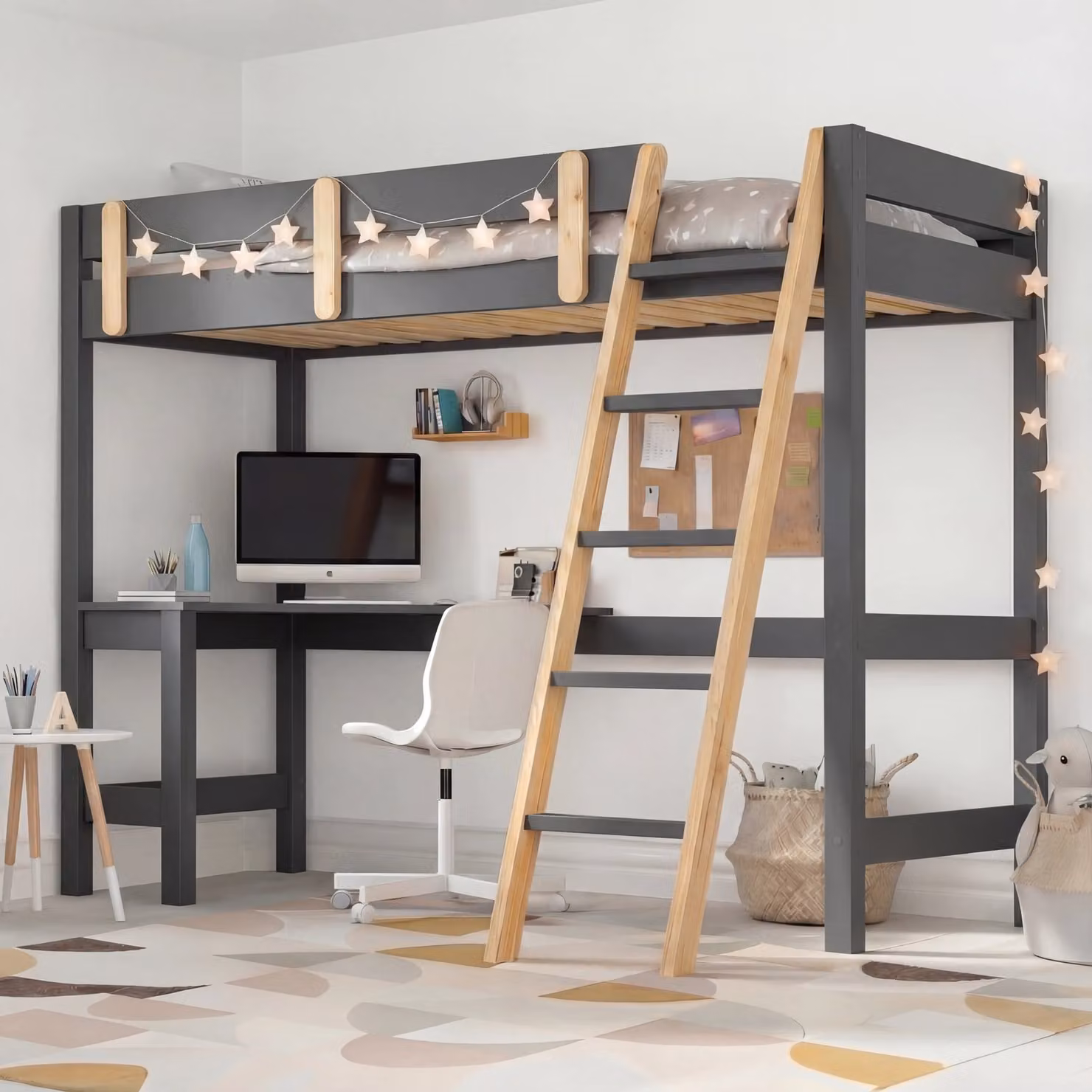 DHS Modern High Sleeper Loft Bed Frame for Kids in Grey and Pine, W/D/H: 180.5 x 90 x 159 cm