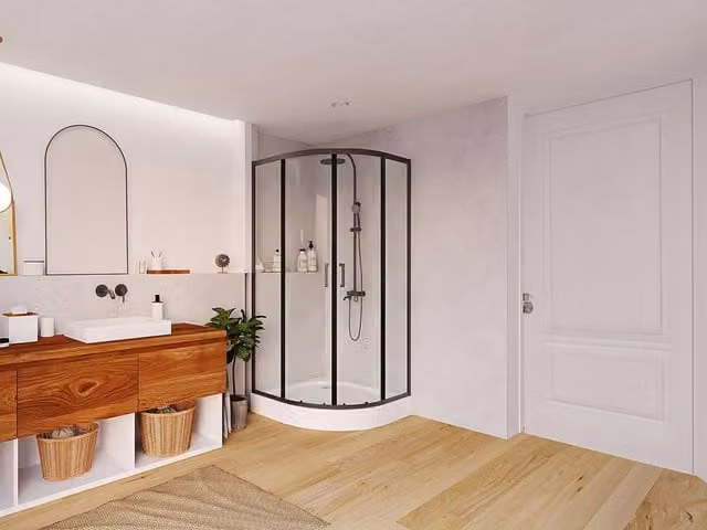 Vente-unique Corner Sliding Glass Shower Enclosure with Tray, Black, W: 80 cm, D: 80 cm, H: 192 cm – 1