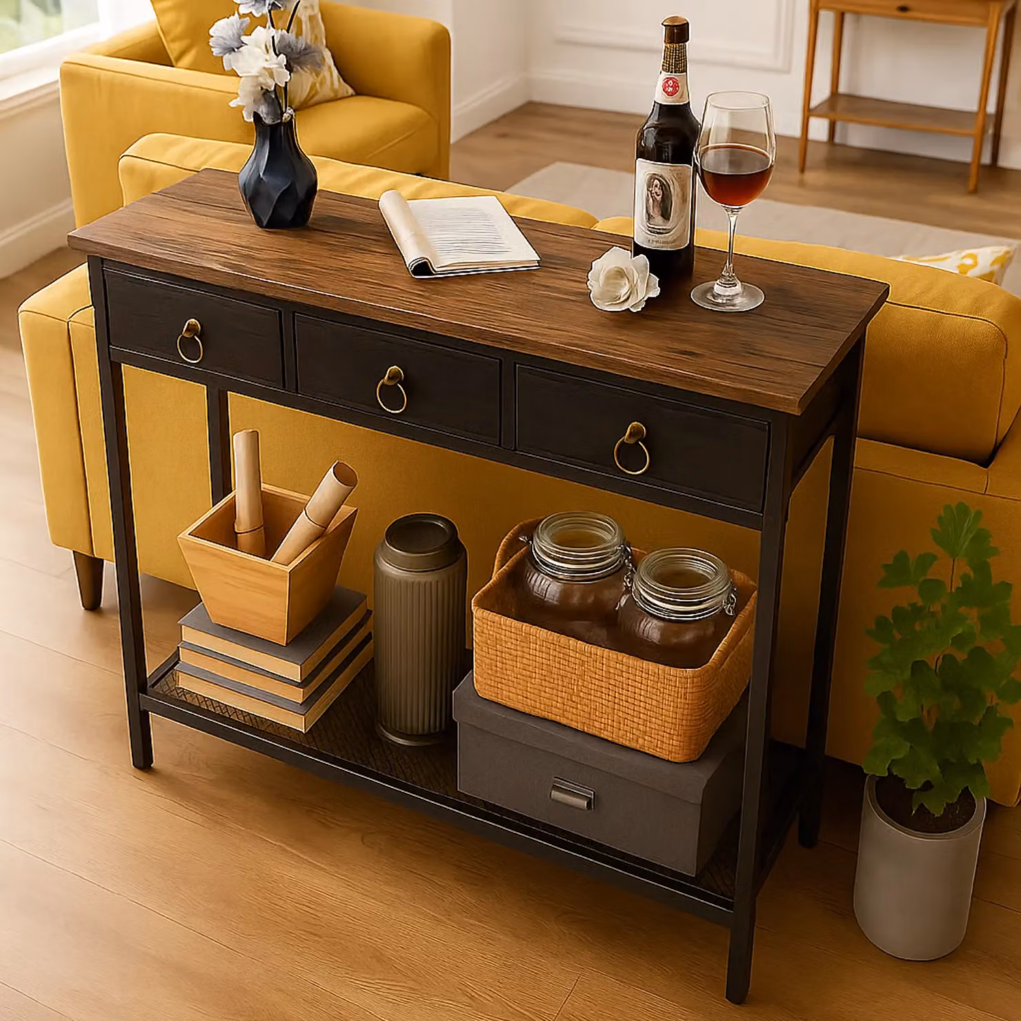 Storvo Slim Console Table with 3 Non-woven Drawers in Brown, W/D/H: 80 x 25 x 100 cm – 2