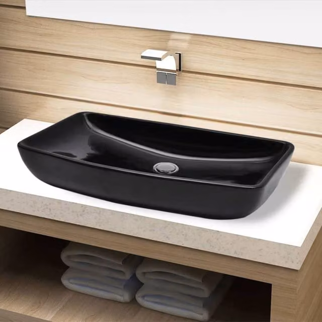 Berkfield Home Black Rectangular Ceramic Bathroom Sink Basin – 1