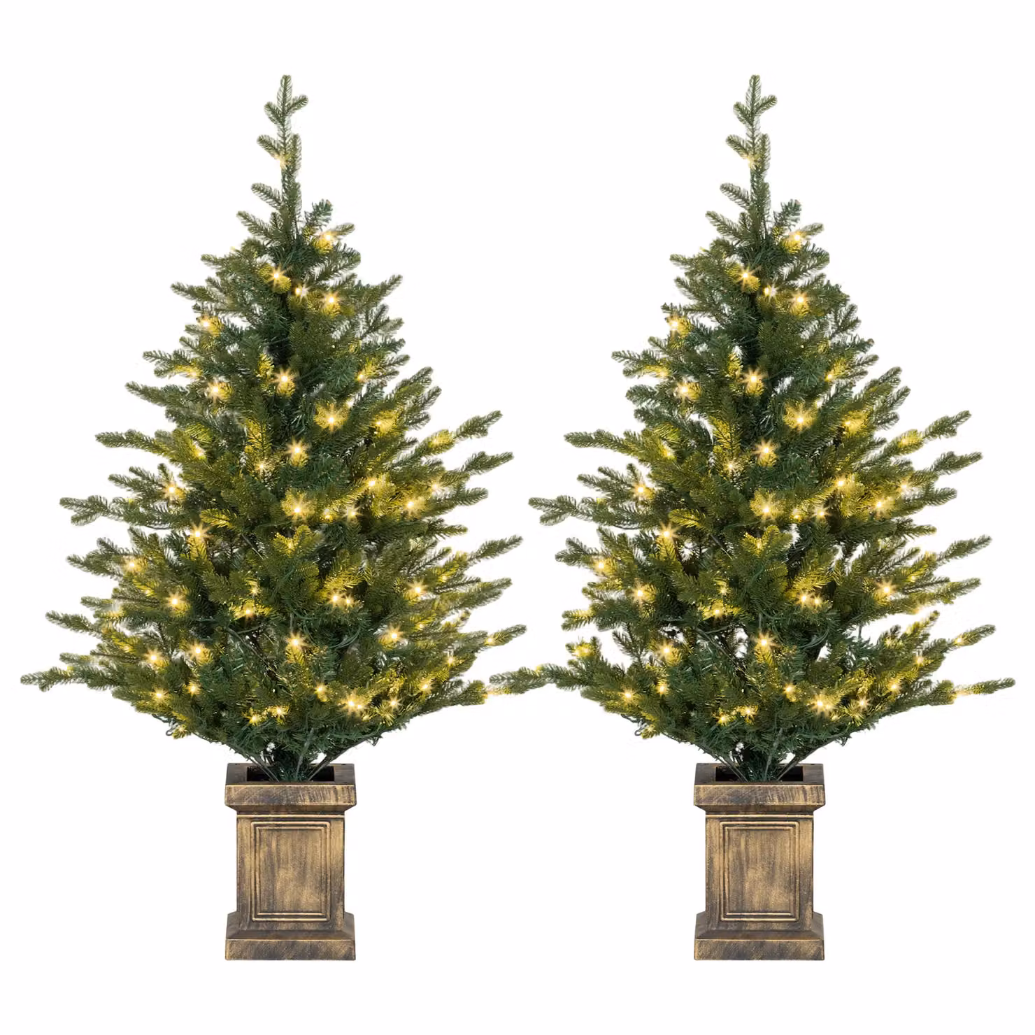 HOMCOM Set of 2 Green Artificial Christmas Trees with Lights and Pots – 2