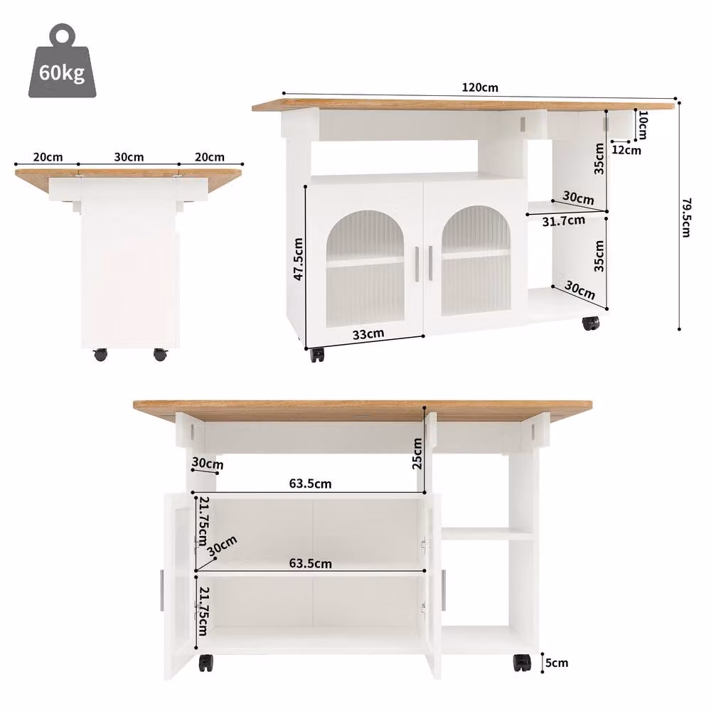 ModernLuxe Mobile Kitchen Island with Extendable Top in White, H 79.5 x W 70.0 x D 30.0 cm – 2