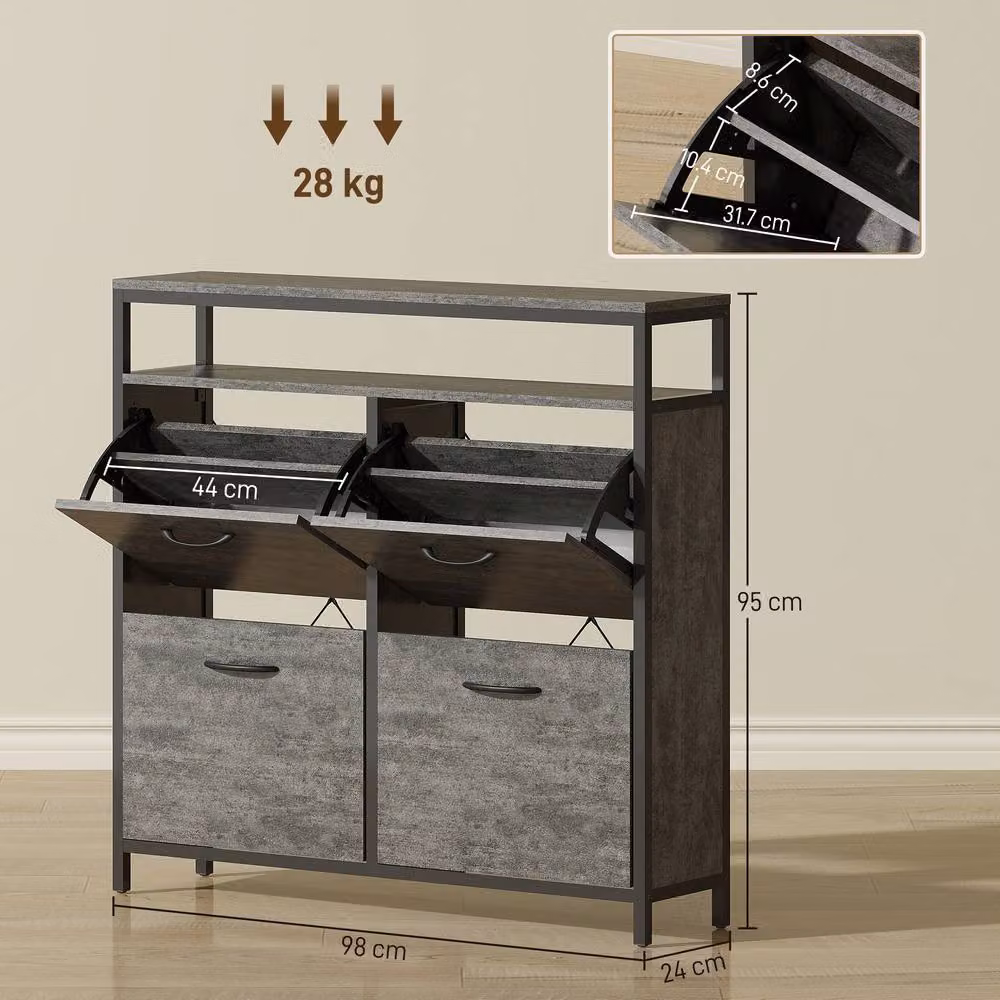STILVORA Grey and Black Shoe Cabinet with 4 Tilting Compartments and Open Shelf – 2