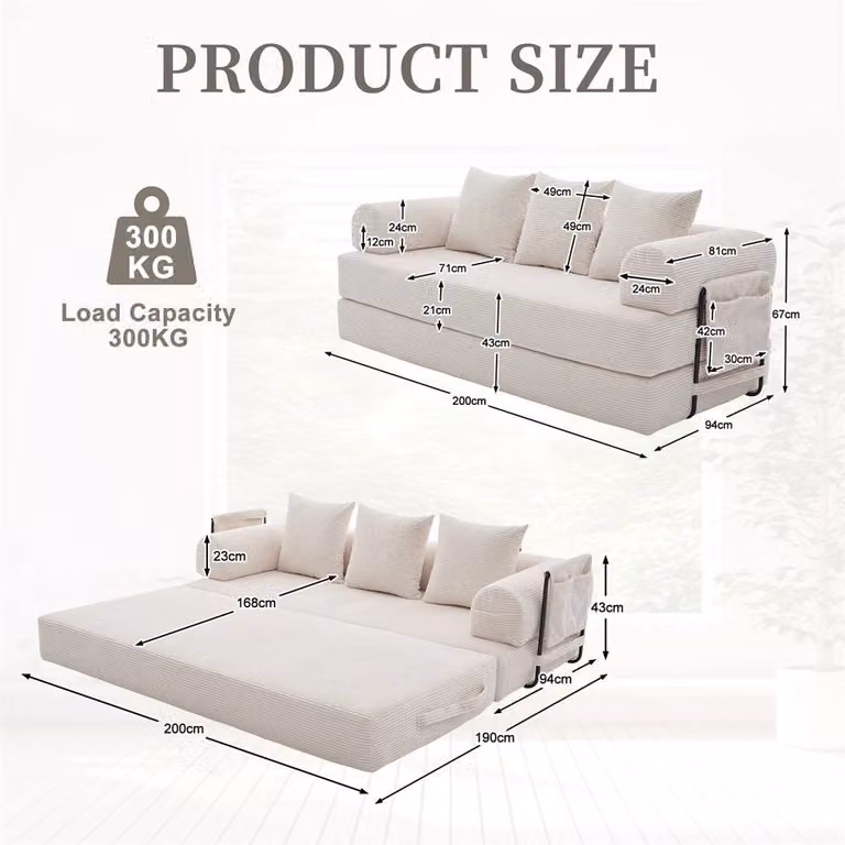 Direct Wicker 2 Pack Foldable Metal Frame Sofa with Sleeping Function and Scatter Cushions in Beige