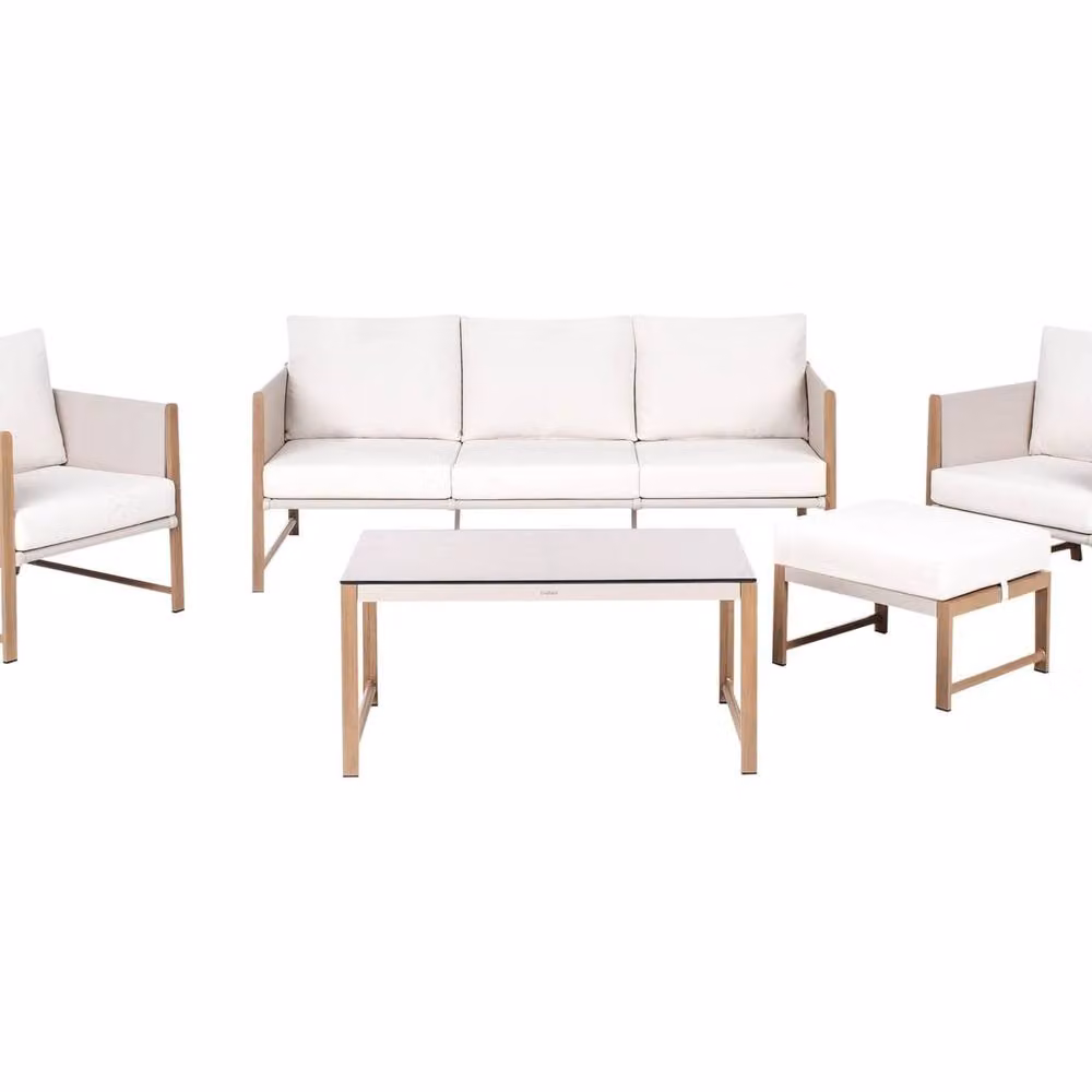 Wyld and Coco 5-Seater Garden Sofa Set with Cushions, Ottoman and Glass Coffee Table in Beige – 2