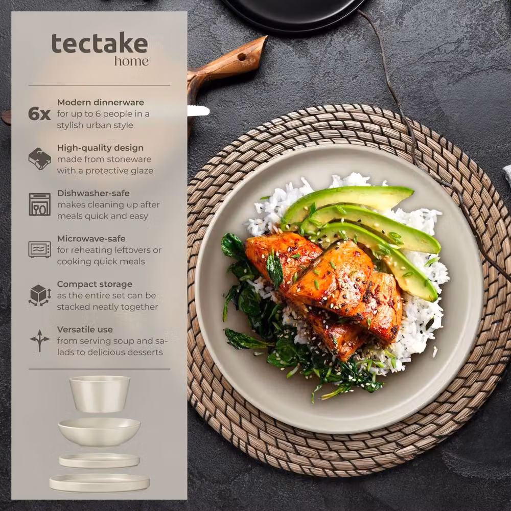 tectake Una 24 Piece Stoneware Dinnerware Set in Beige – 2