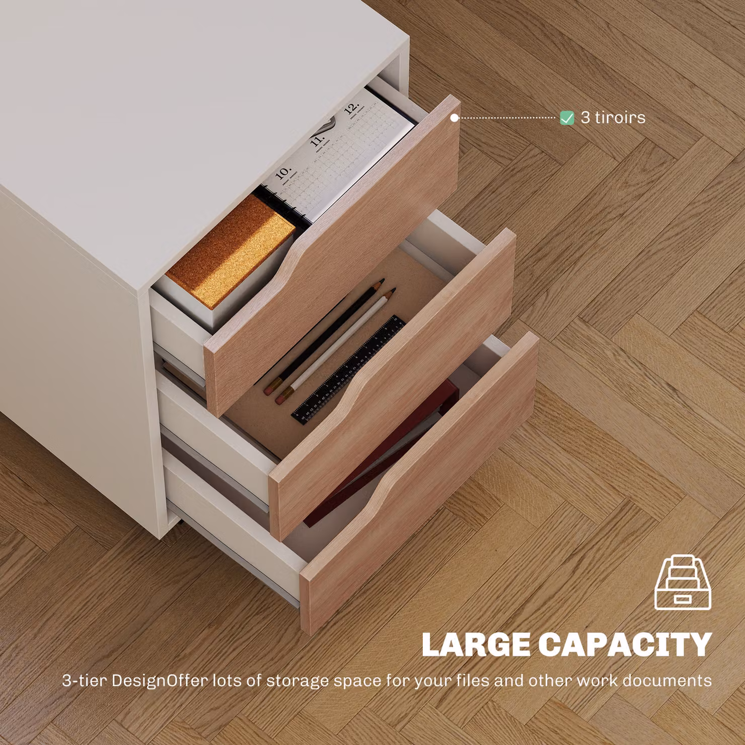 HOMCOM Mobile File Cabinet with 3 Lockable Drawers, Oak and White MDF Office Storage Unit – 4