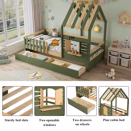 Matteo Childrens Wooden Single Bed with Two Storage Drawers in Green, W/D/H: 90 x 190 cm – 2
