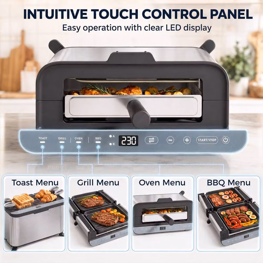 HOMCOM 3-in-1 Electric Mini Oven, Long Slot Toaster and Tabletop Grill with Digital Display in Silver Stainless Steel – 5