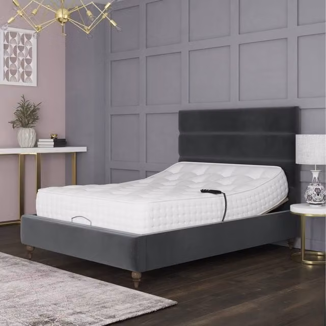 Penelope Premium Motorised Electric Adjustable Bed Frame, Grey Velvet Upholstered, W/D/H: 180 x 200 cm