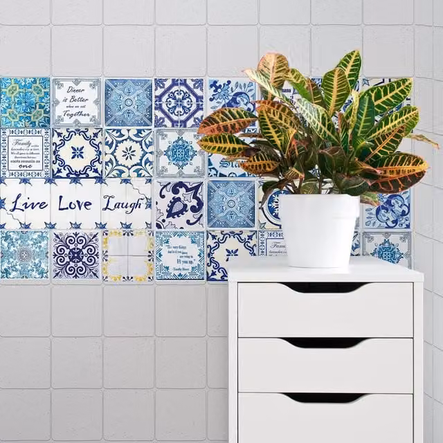 Walplus Wall Tile Stickers in Blue and White, 10 x 10 x 10 cm, 24 Pack