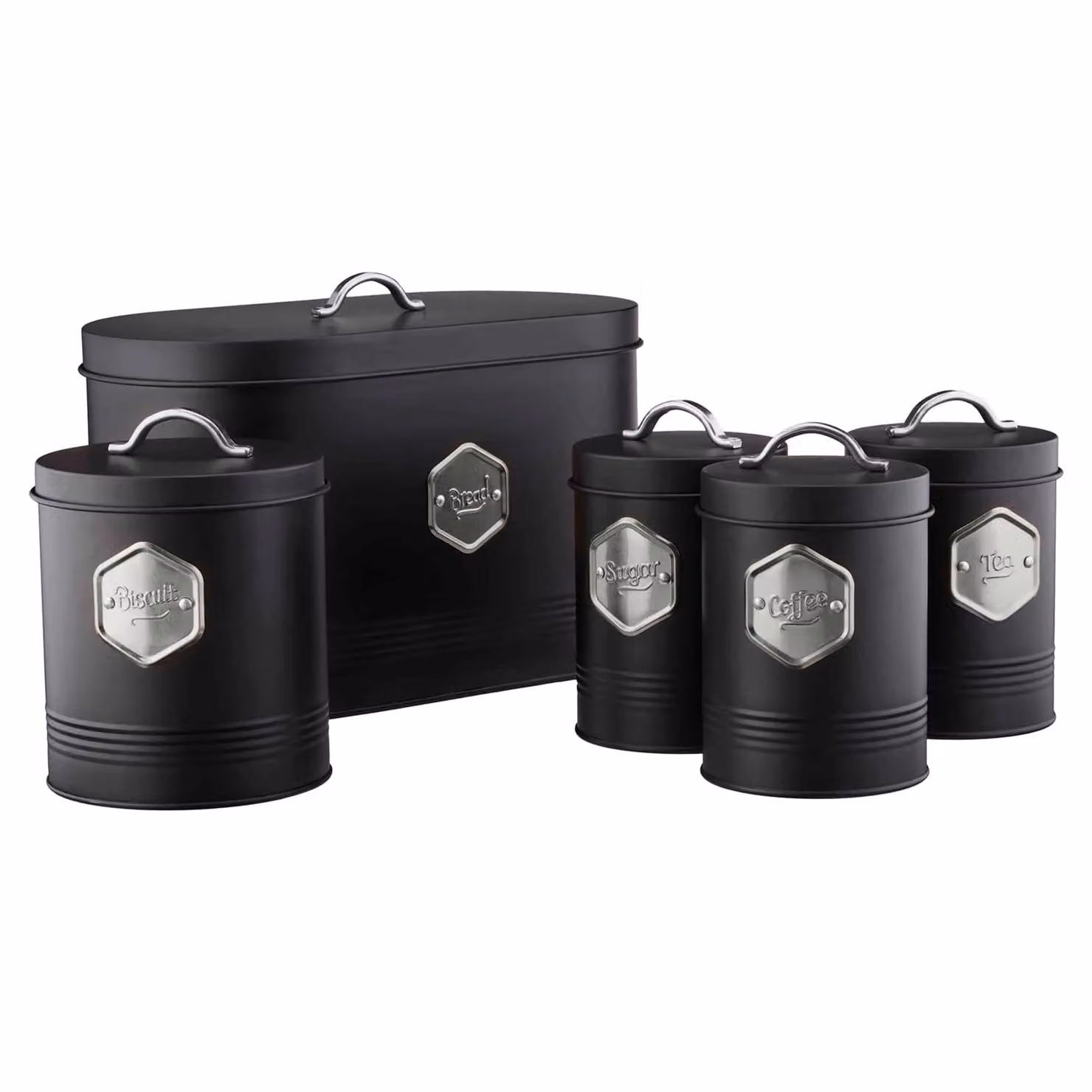 Cooks Professional 5 Piece Black and Silver Metal Storage Set with Airtight Lids for Bread, Biscuits, Tea, Coffee and Sugar – 3