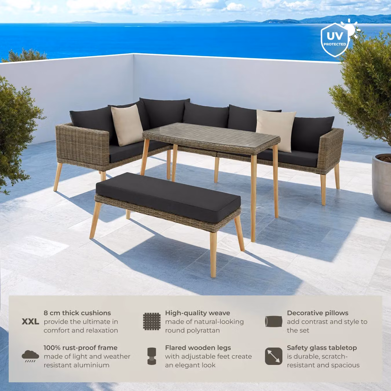 tectake Pula Rattan Lounge Set with Powder Coated Aluminium Frame and Upholstered Cushions in Sand, 4 Person – 2
