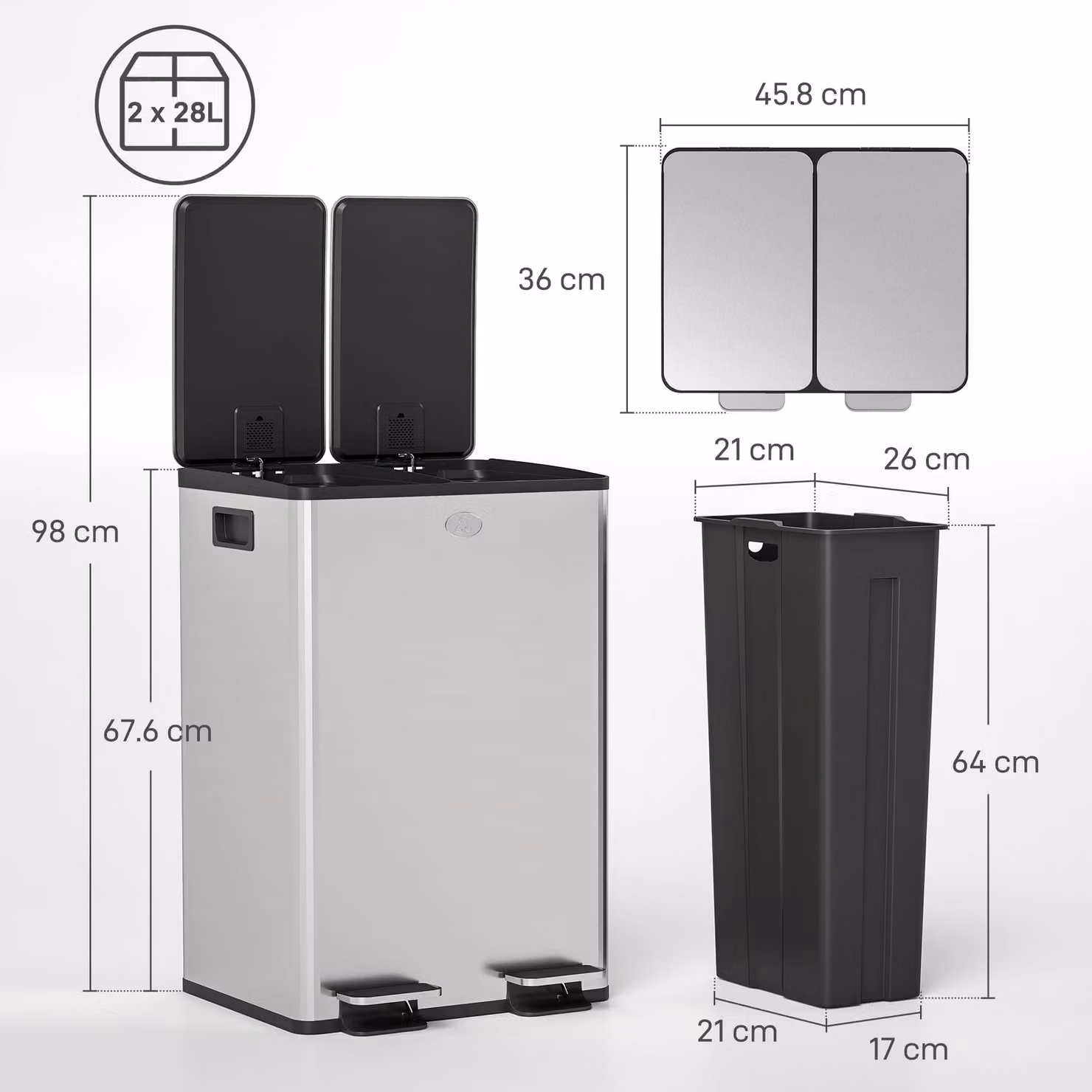 HOMCOM 56L Dual Compartment Stainless Steel Pedal Bin with Deodoriser Holders in Silver Tone – 2