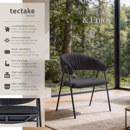 tectake Bedano Set of 4 Dining Chairs in Black Fabric with Metal Legs – 4