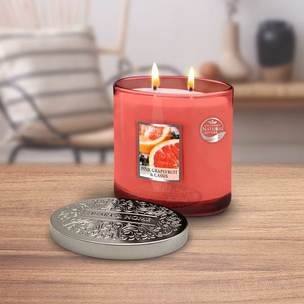 Heart and Home Pink Grapefruit & Cassis Twin Wick Ellipse Soy Wax Candle in Pink – 3