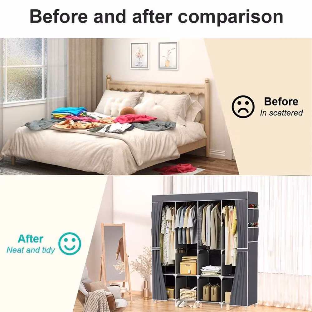 Nordara Grey Large Fabric and Metal Canvas Wardrobe with Hanging Rod and Internal Shelves – 3