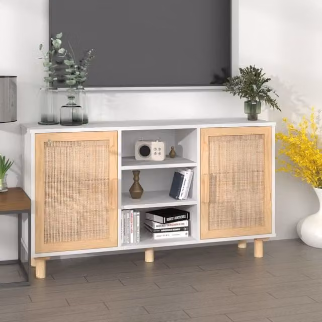 Berkfield Home White Sideboard in Solid Pine and Natural Rattan, W/D/H: 105 x 30 x 60 cm