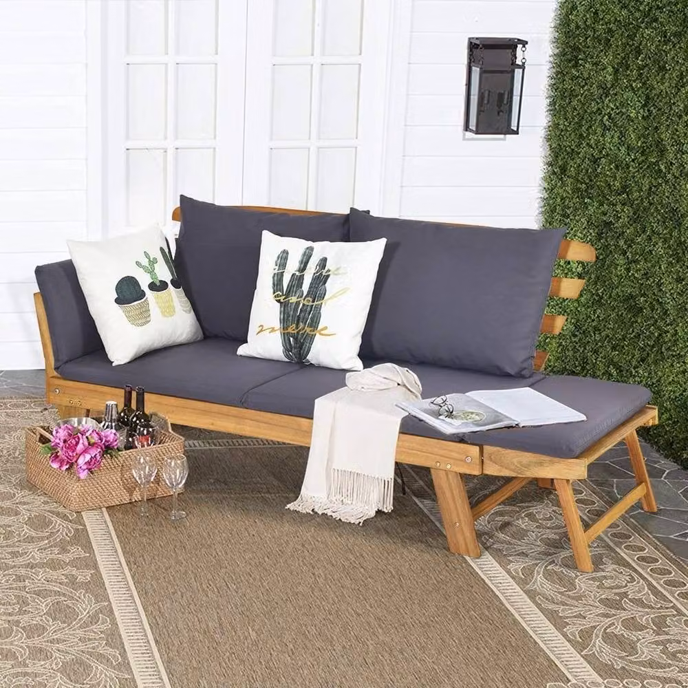 PAWNORA 2 Seater Outdoor Sofa Bed in Grey with Acacia Wood Frame and Upholstered Matt – 5