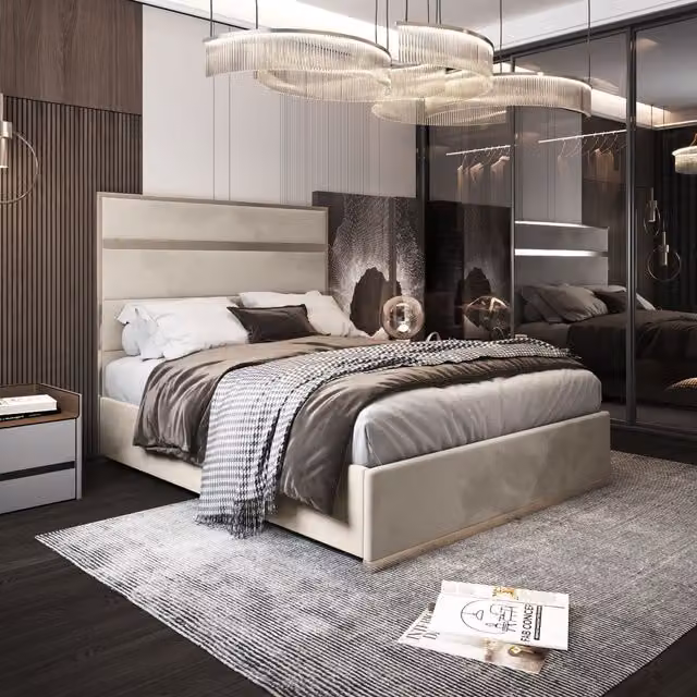KDMD Bentley Super King Upholstered Velvet Bed Frame in Cream with Metal Details, W/D/H: 200 x 189 x 137 cm