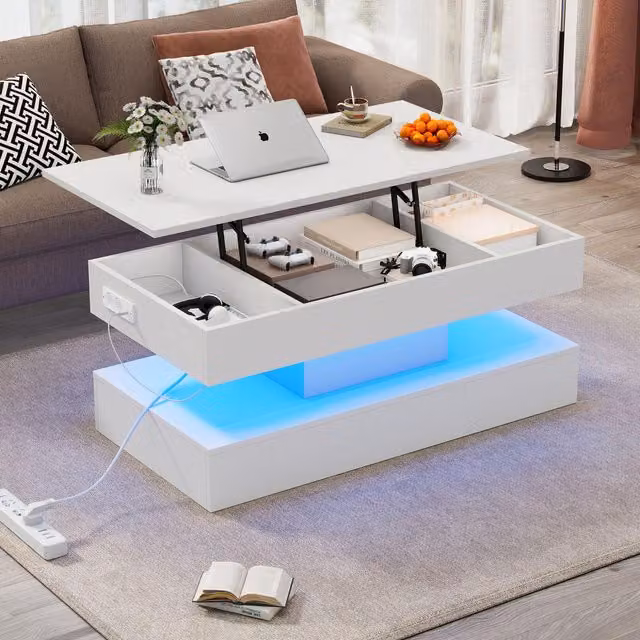 Aosom UK Modern White Coffee Table with Bluetooth-Controlled LED Lighting and Lift-Up Hidden Storage, W: 100 cm, D: 50 cm, H: 42 cm – 1