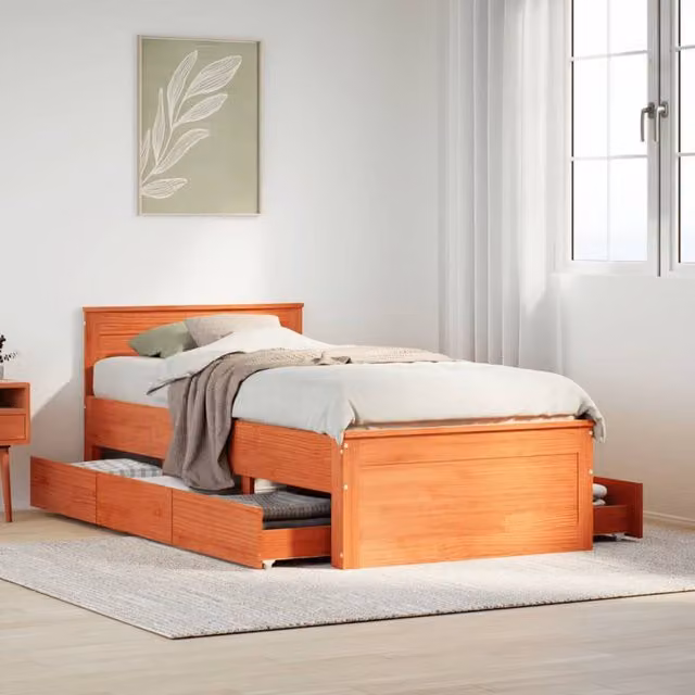 Berkfield Home Solid Wood Pine Bed Frame with Headboard in Wax Brown, W/D/H: 90 x 200 cm – 1