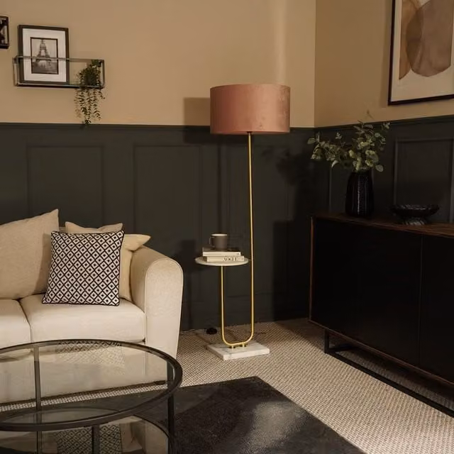 ValueLights Tavel Brushed Gold Floor Lamp with Dusty Pink Velvet Shade – 1