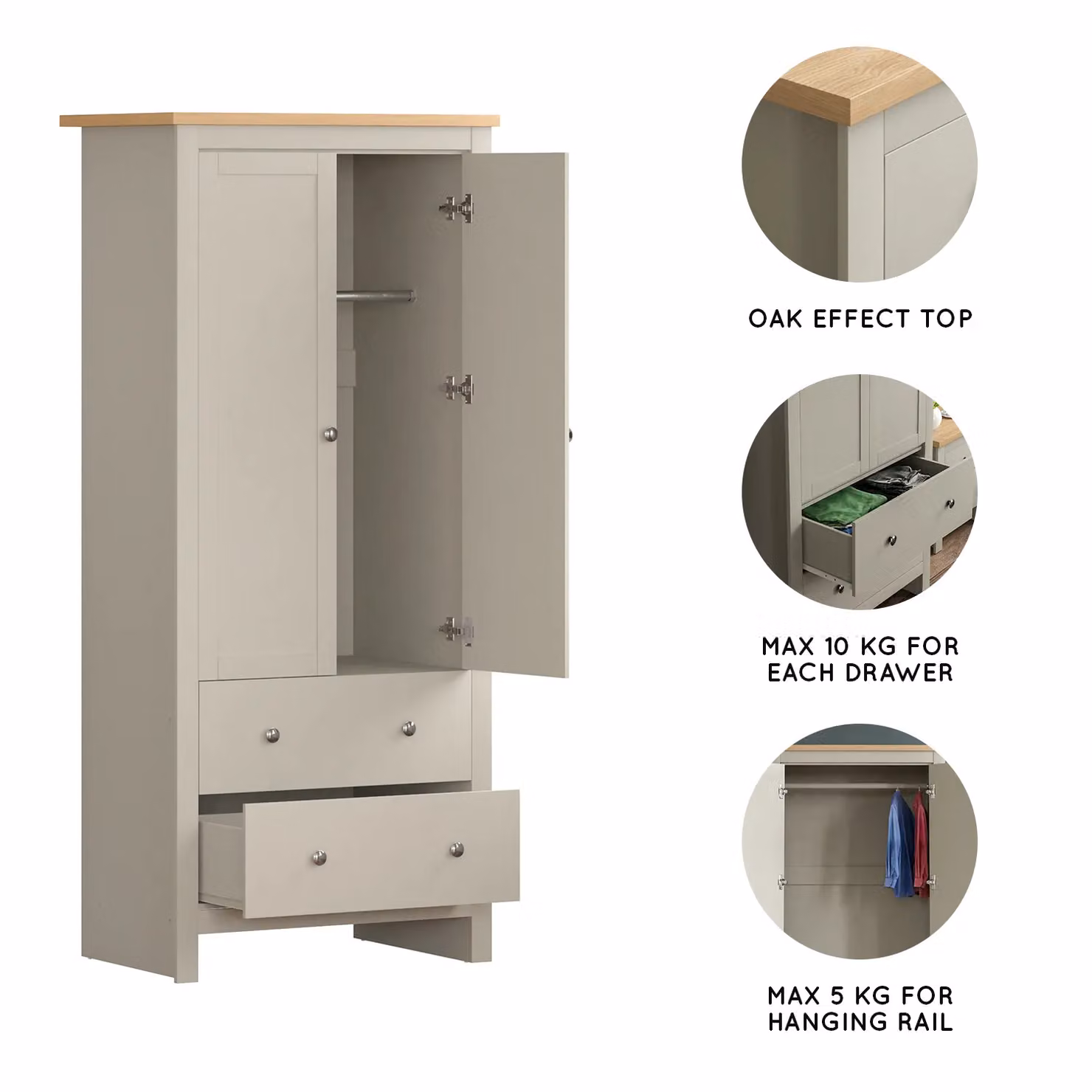 Vida Designs Arlington 2 Door 2 Drawer Wardrobe in Grey – 2