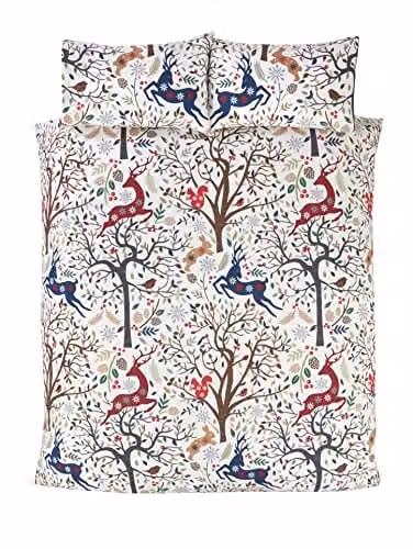 Rapport Home Tatton Christmas Polycotton Duvet Cover and Pillowcase Set in Multicolour, Grey and White, W/D/H: 200 x 200 cm