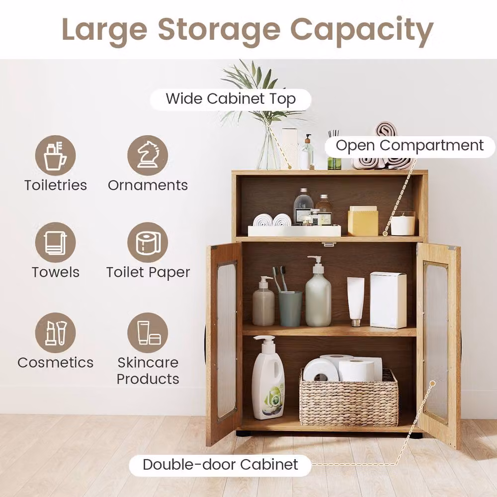 Costway Freestanding Bathroom Cabinet with 2 Hinged Doors and Internal Shelves in Natural Wood Finish – 6