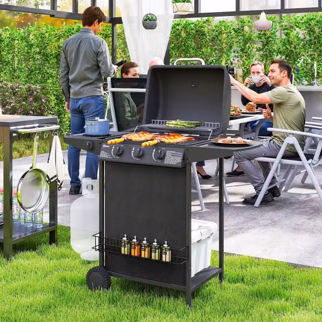 OUTSUNNY 4 Burner Portable Gas Barbecue Grill with Lid, Side Burner, Warming Rack and Thermometer, Black