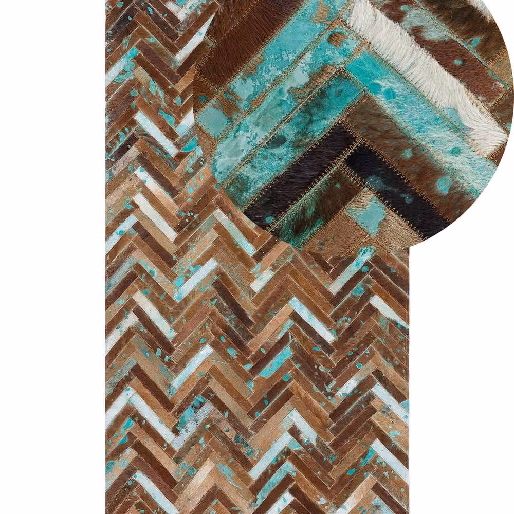 Wyld and Coco Multicolour Cowhide Mosaic Leather Rug in Brown and Turquoise, W: 80 cm, L: 150 cm – 2