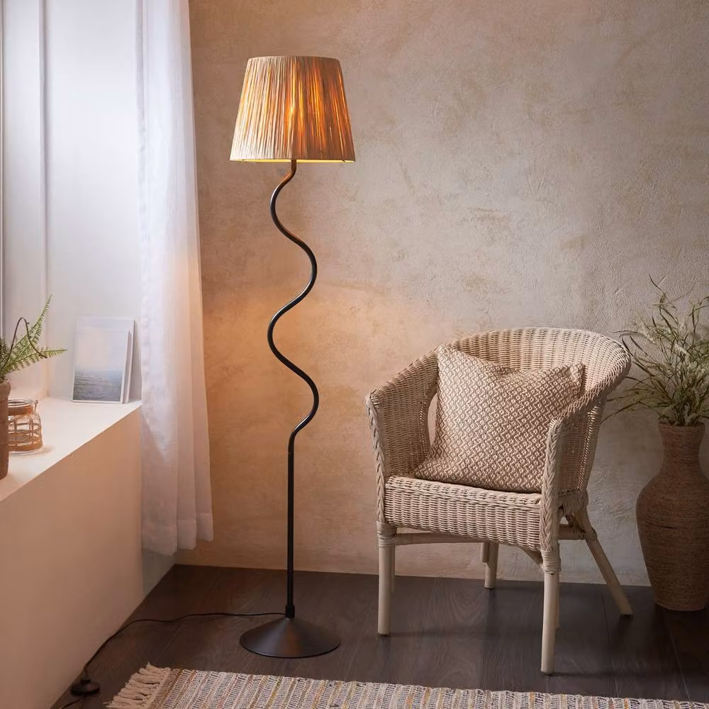 Netlighting Wriggle Floor Lamp in Matt Black with Natural Rattan Tapered Shade and E27 Socket – 2