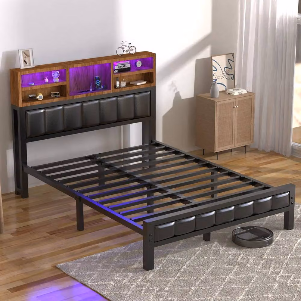 FLAVORA Industrial Metal Platform Cot Bed Frame with RGB Under-Bed Lighting and USB Charging Port in Black – 5