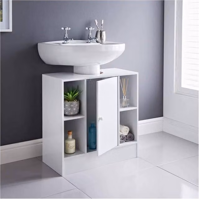 Spot On Dealz White Under Sink Bathroom Storage Cabinet, Freestanding MDF Floor Unit with Hinged Doors and Open Shelf, W/D/H: 60 x 30 x 60 cm