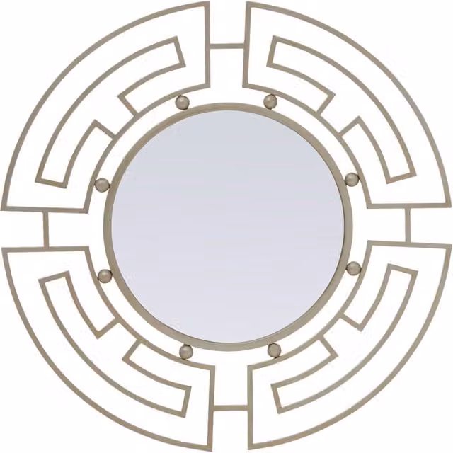 Orsina Round Silver Wall Mirror with Geometric Metal Frame and Ethnic Design