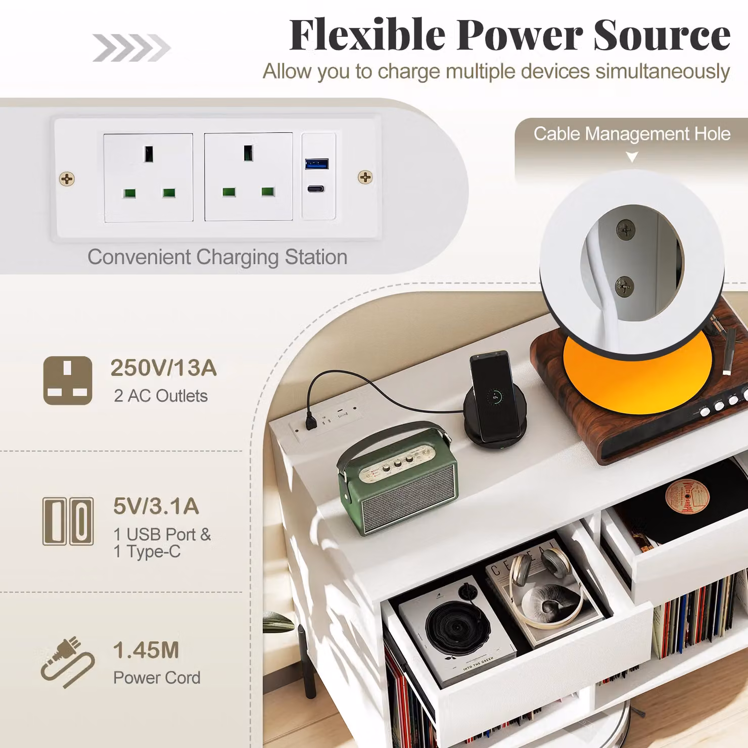 Costway Double Wide Record Player Stand with Power Outlets and Media Compartments in White – 7