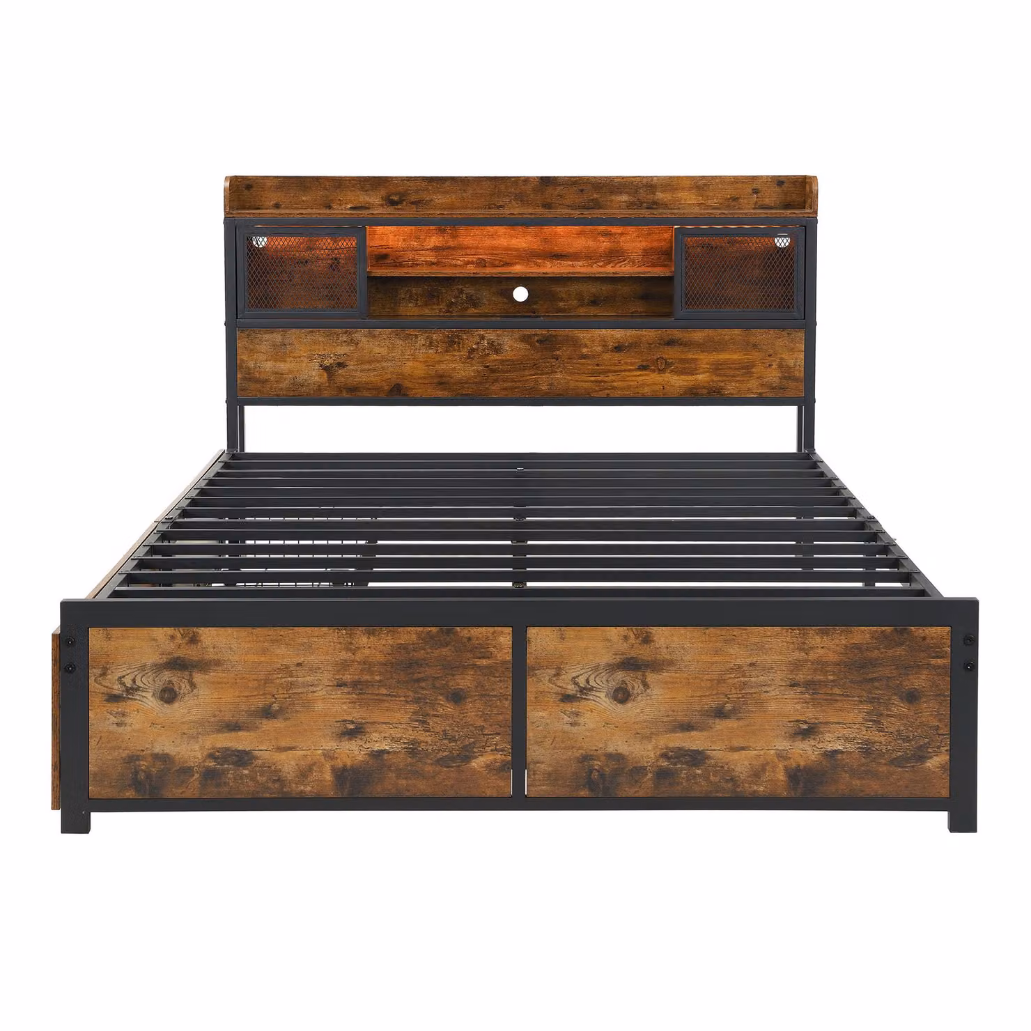 Aosom UK Black Metal Double Storage Bed with 2 Underbed Drawers, LED Light Strip, USB Charging Ports and Headboard Cabinets, W/D/H: 140 x 200 x 83.5 cm – 2