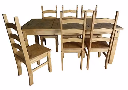 Mercers Furniture Corona 6 ft Rectangular Pine Dining Table and 6 Chairs Set in Brown and White Antique Waxed Finish – 1