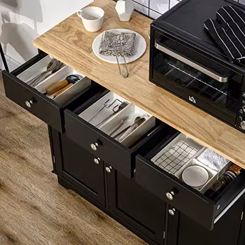 HOMCOM Modern Black Sideboard Buffet Cabinet with Rubberwood Top and Storage Cabinets, W/D/H: 101 x 40 x 85 cm – 8