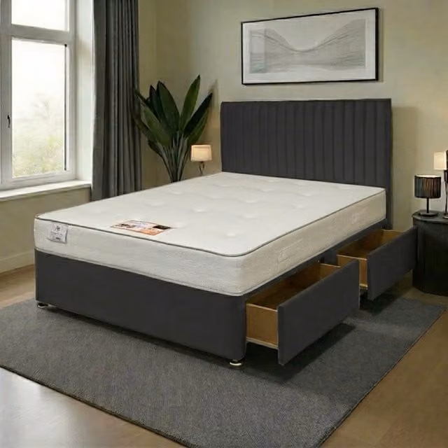 Knight Sleep Emily Plush Double Bed Set with Hybrid Mattress and 54 inch Headboard in Charcoal Grey, W/D/H: 140 x 200 cm