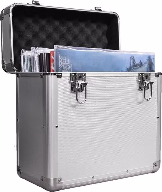 Maison & White Solid Metal Vinyl LP Record Storage Case with Handles, Silver