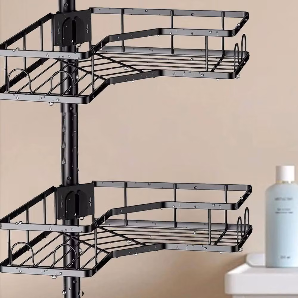 FLAVORA 4 Tier Telescopic Black Metal Corner Shower Shelf with Adjustable Shelves – 4